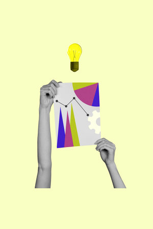 Trend artwork collage template composite sketch of hand hold document idea lamp cogwheel trader...