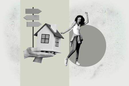 Composite trendy magazine photo collage of happy girl guy stand road sign pointer hose relocation travel new purchase settlementの写真素材