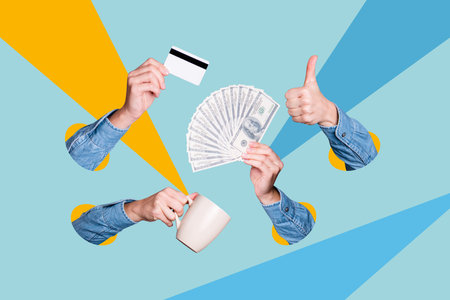 Creative sketch collage of people hands show like gesture approval hold coffee cup pause credit card...