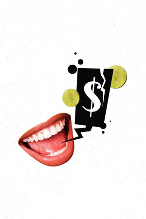 Template sketch image composite artwork collage of copyspace mouth smile talk speech cloud crack dollar coins recession business decreaseの写真素材