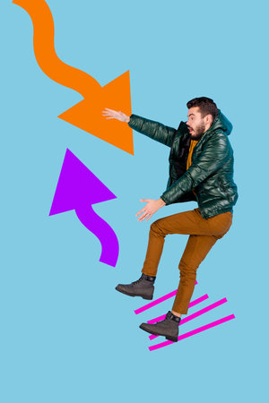 Poster picture collage of man flying down with arrows on blue color backgroundの写真素材