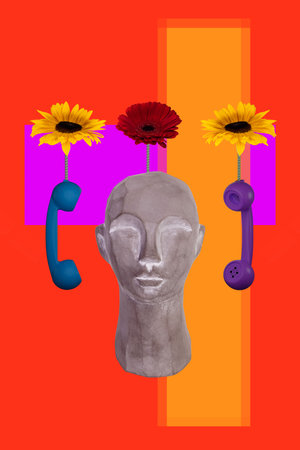 Creative artwork template sketch image 3D collage of flower spring season landline phone call stone...