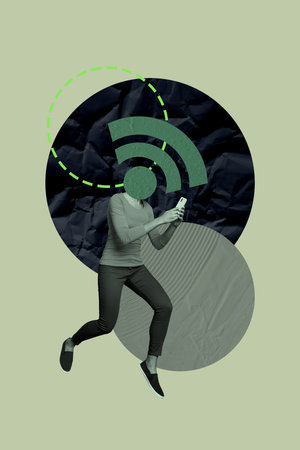 Poster image vertical photo collage of anonym girl instead head wifi connection network hold phone...