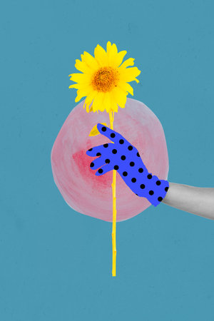 Sketch photo collage trend artwork of hand wear glove dot print hold sunflower nature spring season gift present international woman dayの写真素材