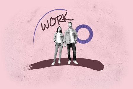 Composite zine pop trend collage of happy businesswoman businessman stand workload target achievement purpose success workshopの写真素材