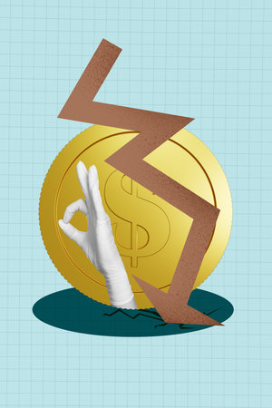 Vertical pop sketch 3d collage of business human hand point dollar inflation currency regress arrow decline economy crisisの写真素材