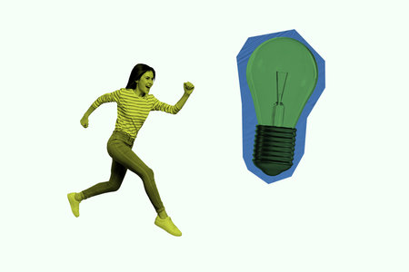 Composite sketch design artwork 3D photo collage of young lady run achieve goal silhouette idea lamp...