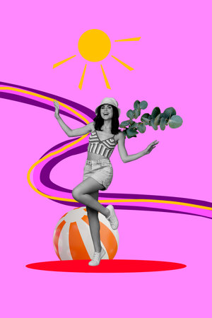 Trendy art creative vertical photo collage of happy girl dance sunny weather leaves branch summer vacation chill inflatable ballの写真素材