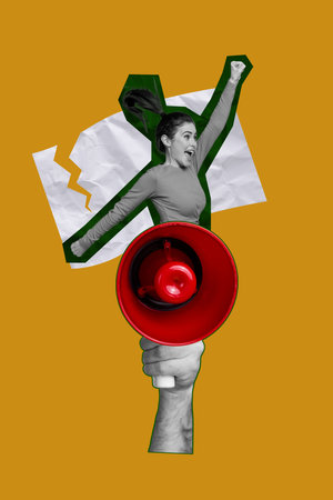 3D collage design composite trend artwork sketch of huge hand hold loudspeaker proclaim loud voice young lady success fist up power voteの写真素材