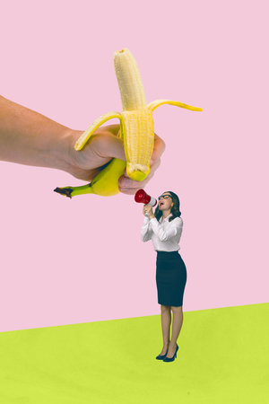 Exclusive artwork banner creative collage of happy girl guy stand tropical banana exotic nutrition fruit healthy lifestyleの写真素材
