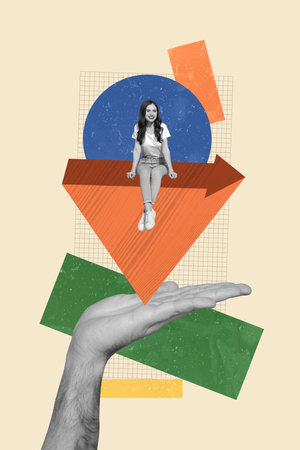 Art image vertical pop photo collage of happy businesswoman sit arrow development statistics human hand show progress conceptの写真素材