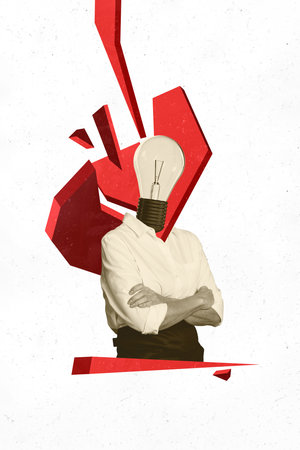Creative artwork template sketch image 3D collage of middle age woman stand idea lamp head creative...