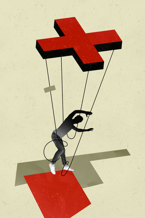 Image zine trend photo collage of faceless anonym man marionette exploitation doll hang ribbon control puppet trap manipulationの写真素材