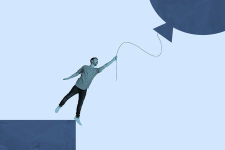 3D collage poster template trend artwork sketch of young man stand edge cliff hand hold rope air...