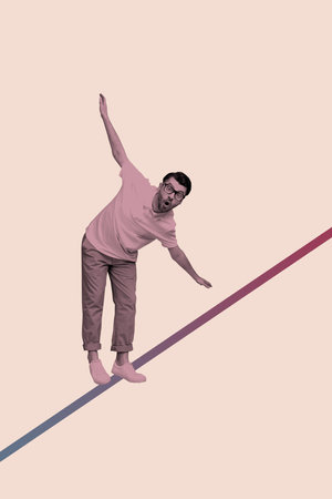 Sketch design trend artwork poster 3D photo collage of young guy eyewear walk rope keep balance spread hands amazed face hurdleの写真素材