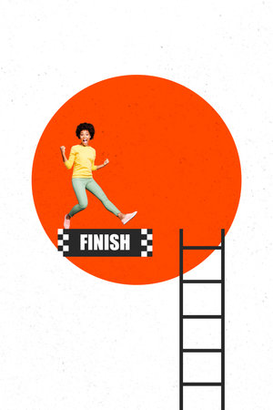 Composite 3D collage artwork template design of young lady stand block ladder career promotion...