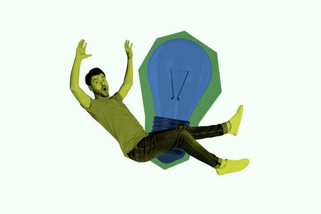 Trend artwork 3D collage design of young man confused face emotion fall down silhouette idea lamp...