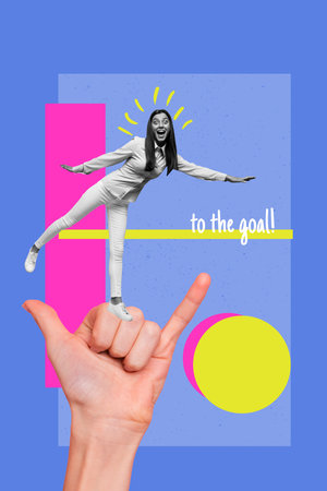 Poster trend collage of young girl dance on big hand call me gesture blue color backgroundの写真素材