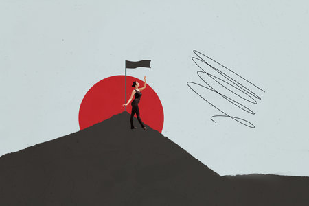 Banner 3d zine photo collage of happy businessman businesswoman stand path development career flagpole finish icon successの写真素材