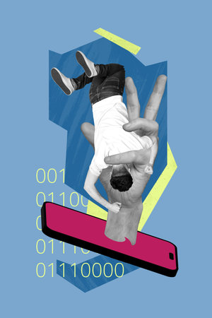 Vertical 3d poster art collage of puzzled anonym man hand peek phone device addiction influence...
