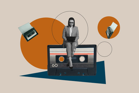 Zine banner full photo collage of happy girl guy listen music retro cassette playlist celebration...