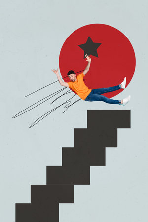 Art image creative photo collage of happy businessman businesswoman stand arrow development star...
