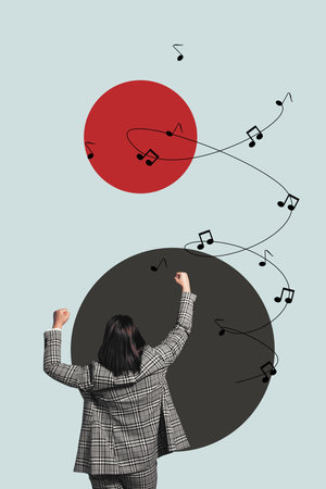 Pop collage of person stand win under musical notes on grey backgroundの写真素材