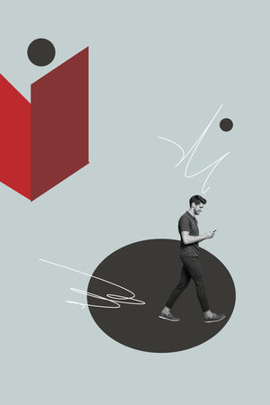 Banner art collage of person use phone stand on grey background with geometry figuresの写真素材