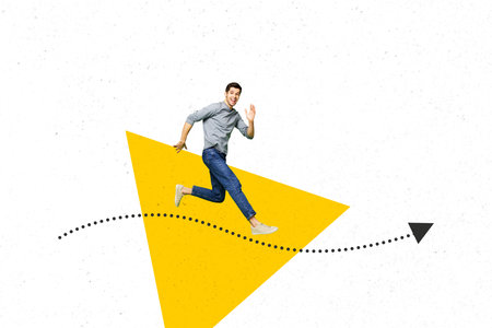 Sketch image trend artwork montage 3D photo collage of opportunity idea productivity strategy targeting young man run line arrow way pointの写真素材