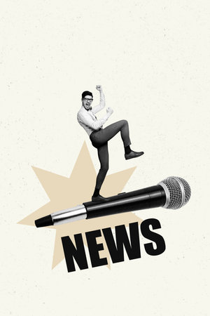 Trend artwork poster composite sketch image collage of young gentleman smile stand huge microphone propaganda press misleading informationの写真素材