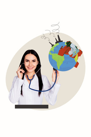 Template collage design 3D sketch of young lady doctor examination earth planet factory industry...