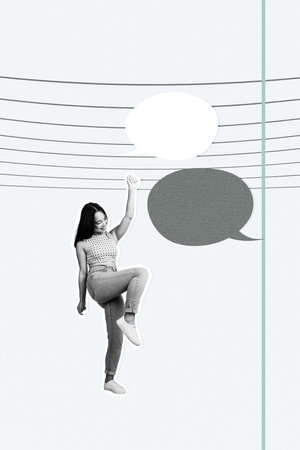 Vertical poster image art collage of happy girl guy stand copybook open page bubble communication...