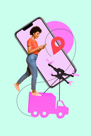 Pop image sketch 3d collage of happy girl guy stand phone truck vehicle delivery drone technology...
