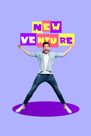 Trend creative collage of businessman jumping under text new venture
