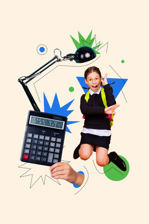 Collage design composite trend artwork sketch of hand hold calculator young girl jump smile lamp classroom courses fall knowledge lessonの写真素材