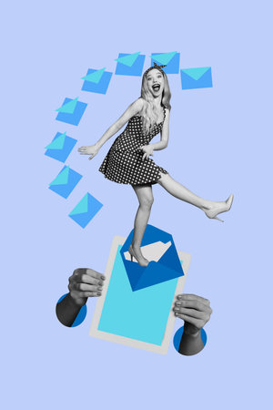Sketch vertical photo collage of happy girl guy stand tablet device hands receive notification...