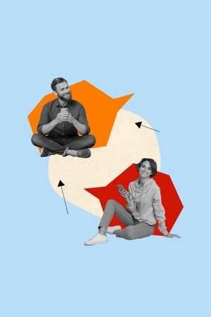 Creative picture collage of two people guy girl use gadget for speaking on blue color background
