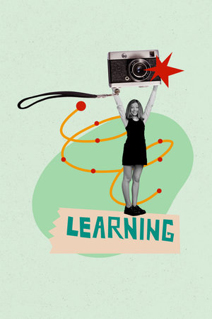 Composite sketch image design trend collage of leraning young schoolgirl stand hand hold camera...