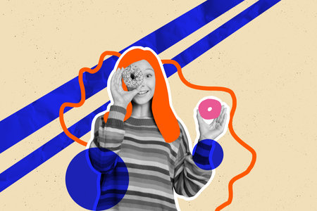 Composite sketch design artwork 3D photo collage of young small girl portrait smile hand hold donut sweet colored hair salon hairstyleの写真素材