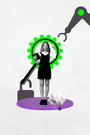 Art image vertical photo collage of happy schoolgirl stand gearwheel robotic ai hand futuristic innovation elearn cyber technologyの写真素材