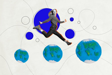 Trend artwork composite banner 3D photo collage of young lady smile jump planet earth weekend voyage...
