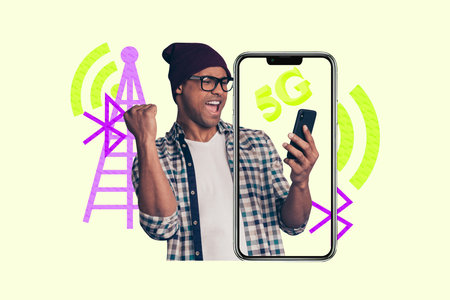 Banner image art collage of two happy girl guy stand phone screen 5g network connection wifi modern...