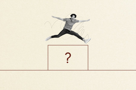 3D collage poster template trend artwork sketch of young man jump twine spread hands line cube...