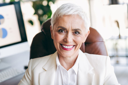 Mature businesswoman with white short hair smiling gracefully in formalwear at her office workspaceの写真素材