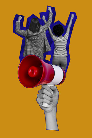 Sketch image trend 3D photo collage of silhouette two young lady friends stand back fist gesture up vote feminism loudspeaker proclaimの写真素材