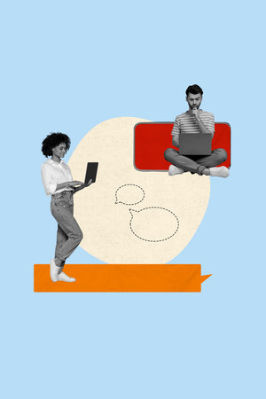 Poster banner collage of young people use gadget speaking on blue color background