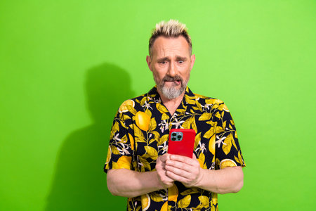 Mature man with vibrant shirt using smartphone against a green background expressing mixed emotions,...