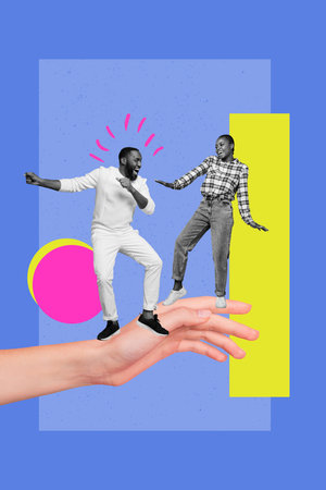 Creative abstract collage of young people dance energetic big hand on blue color background