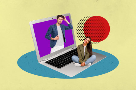 Creative full art collage of happy girl guy sit laptop bubble communication speech chat virtual correspondence video callの写真素材