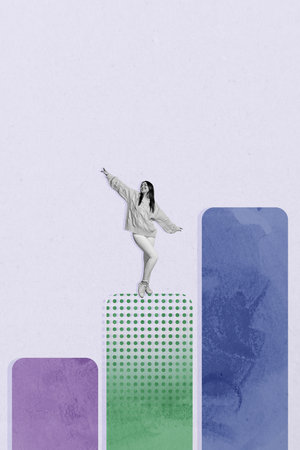 Collage of cheerful person standing on top of growing bar graph symbolizing business progress statistics positive success growthの写真素材